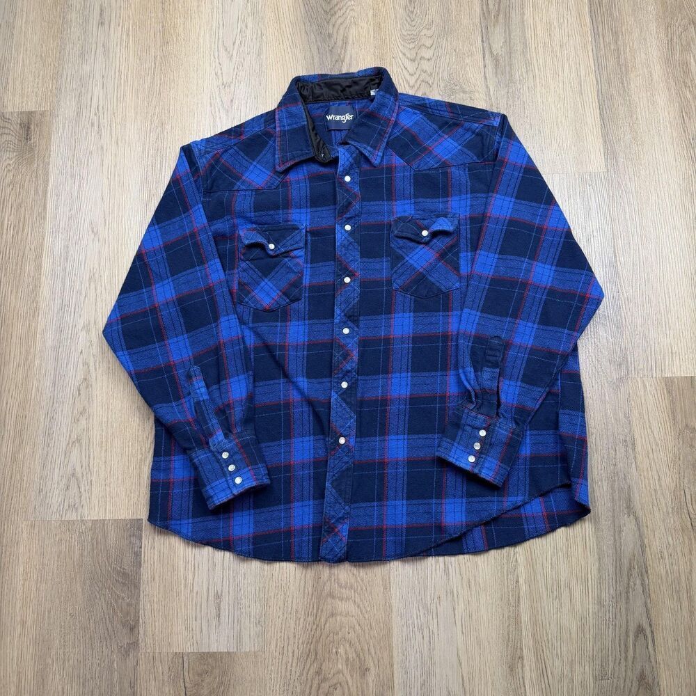 Wrangler Flannel Shirt Mens 2XL Blue Plaid Western Pearl Snap Long Sleeve